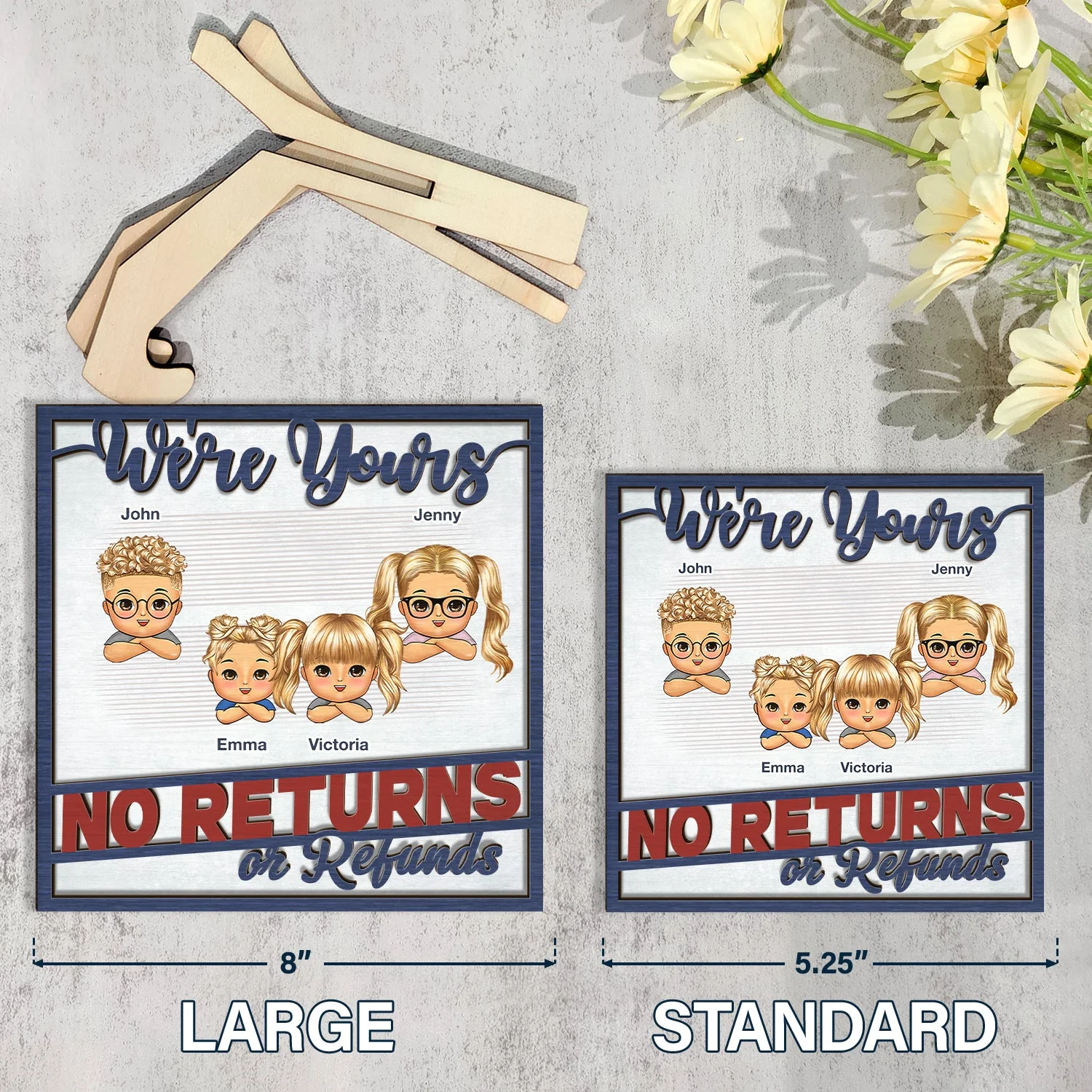 No Returns Or Refunds Chibi Grandkids - Funny Gift For Dad, Mom, Grandma, Grandpa - Personalized 2-Layered Wooden Plaque With Stand - Image 5