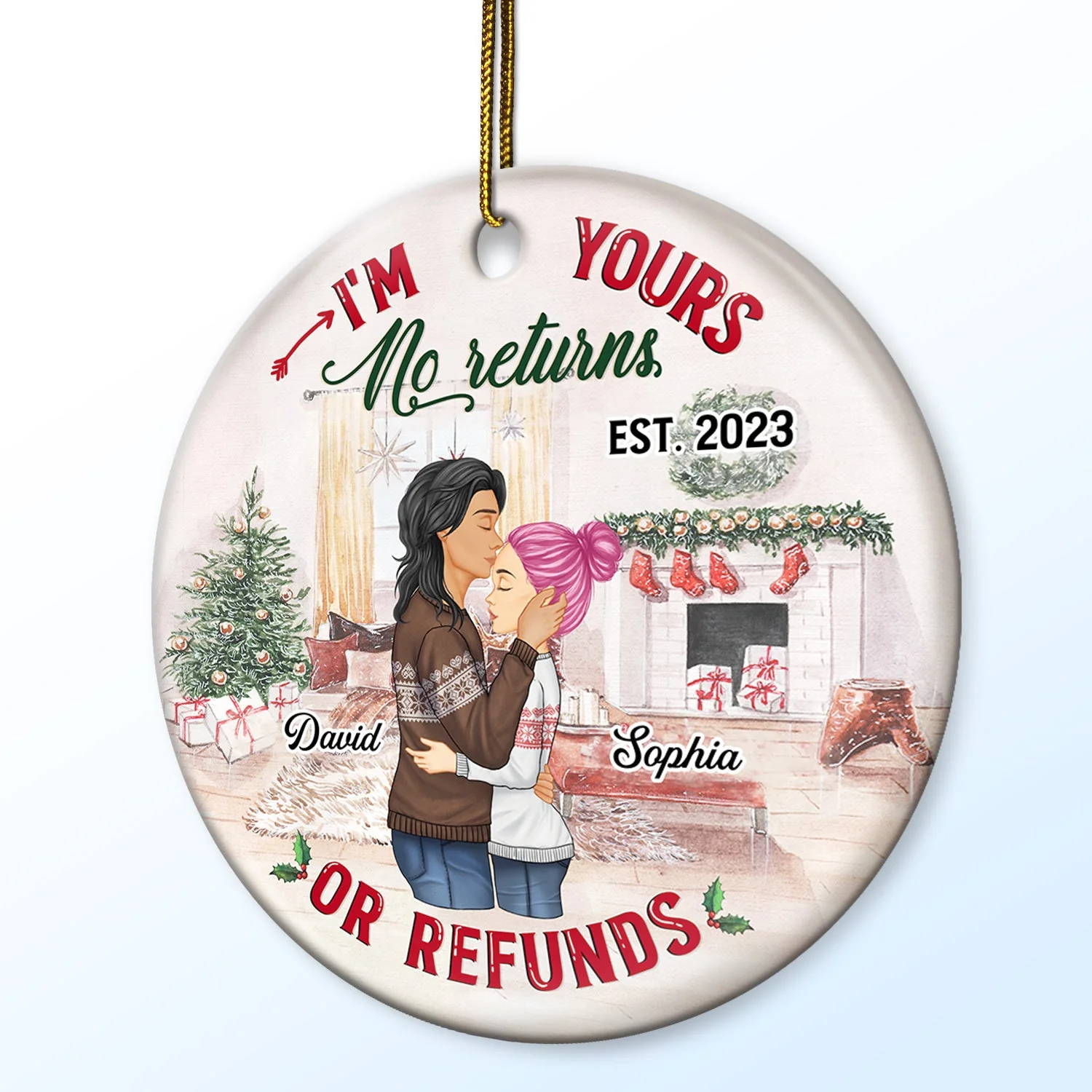 No Returns Or Refunds - Christmas Gift For Couples - Personalized Custom Circle Ceramic Ornament - Image 2