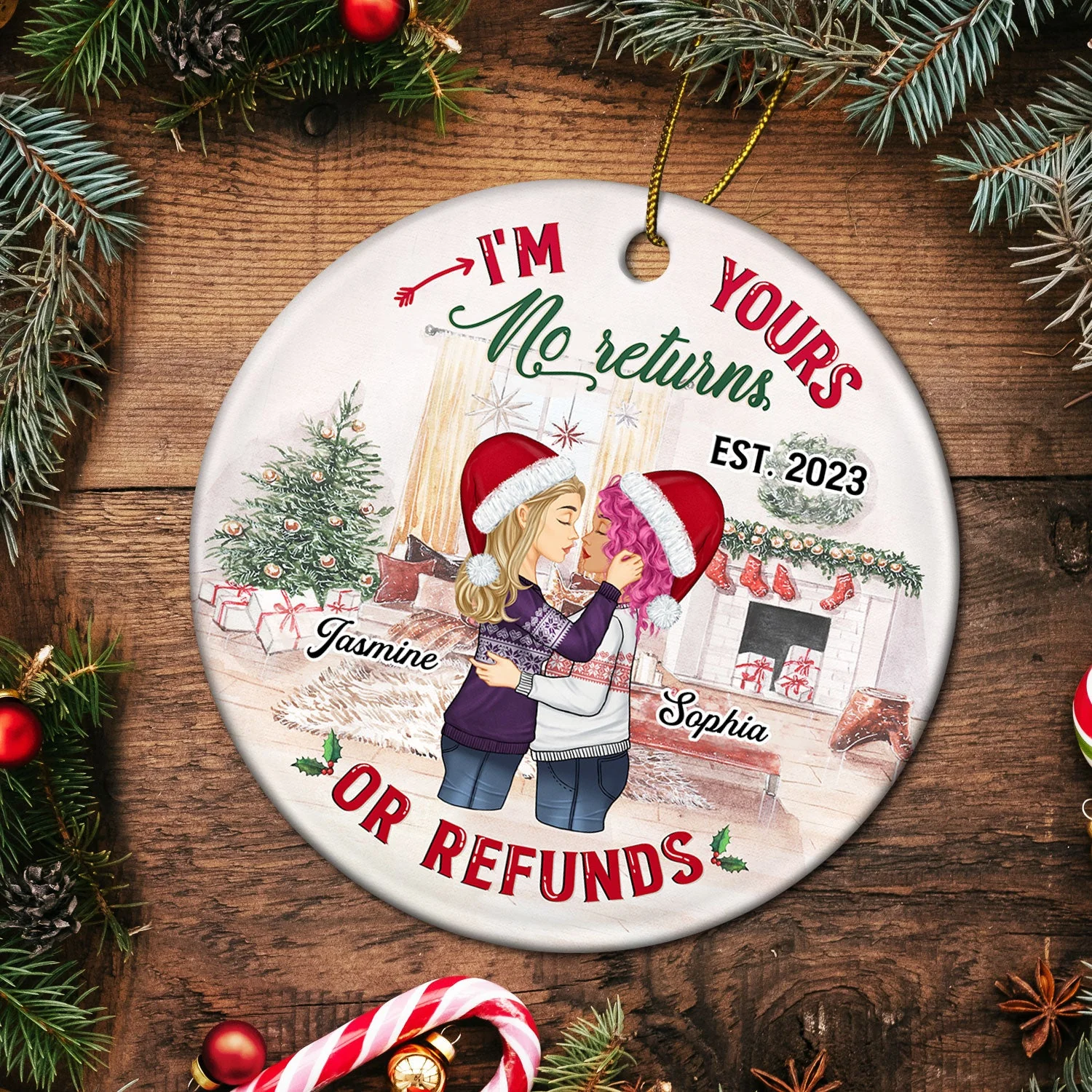 No Returns Or Refunds - Christmas Gift For Couples - Personalized Custom Circle Ceramic Ornament - Image 5
