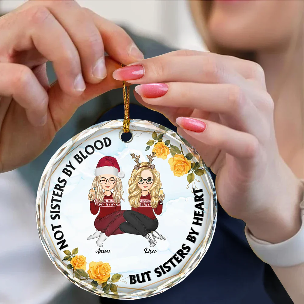 Not Sisters By Blood Besties - Personalized Circle Glass Ornament - Image 4