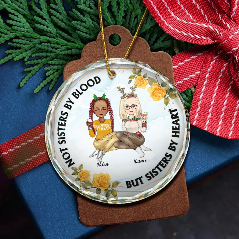 Not Sisters By Blood Besties - Personalized Circle Glass Ornament - Image 5