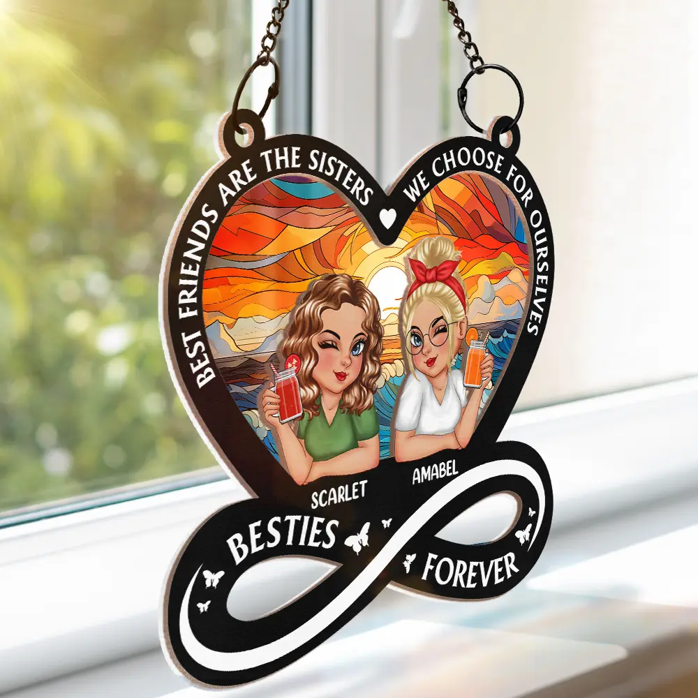 Not Sisters By Blood But Sisters By Heart Cartoon Woman - Personalized Window Hanging Suncatcher Ornament - Image 3
