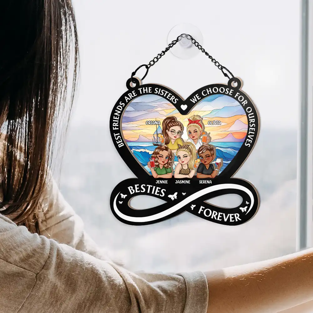 Not Sisters By Blood But Sisters By Heart Cartoon Woman - Personalized Window Hanging Suncatcher Ornament - Image 4