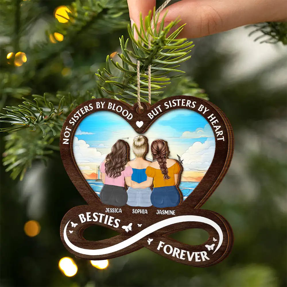 Not Sisters By Blood But Sisters By Heart - Personalized 2-Layered Wooden Ornament - Image 2