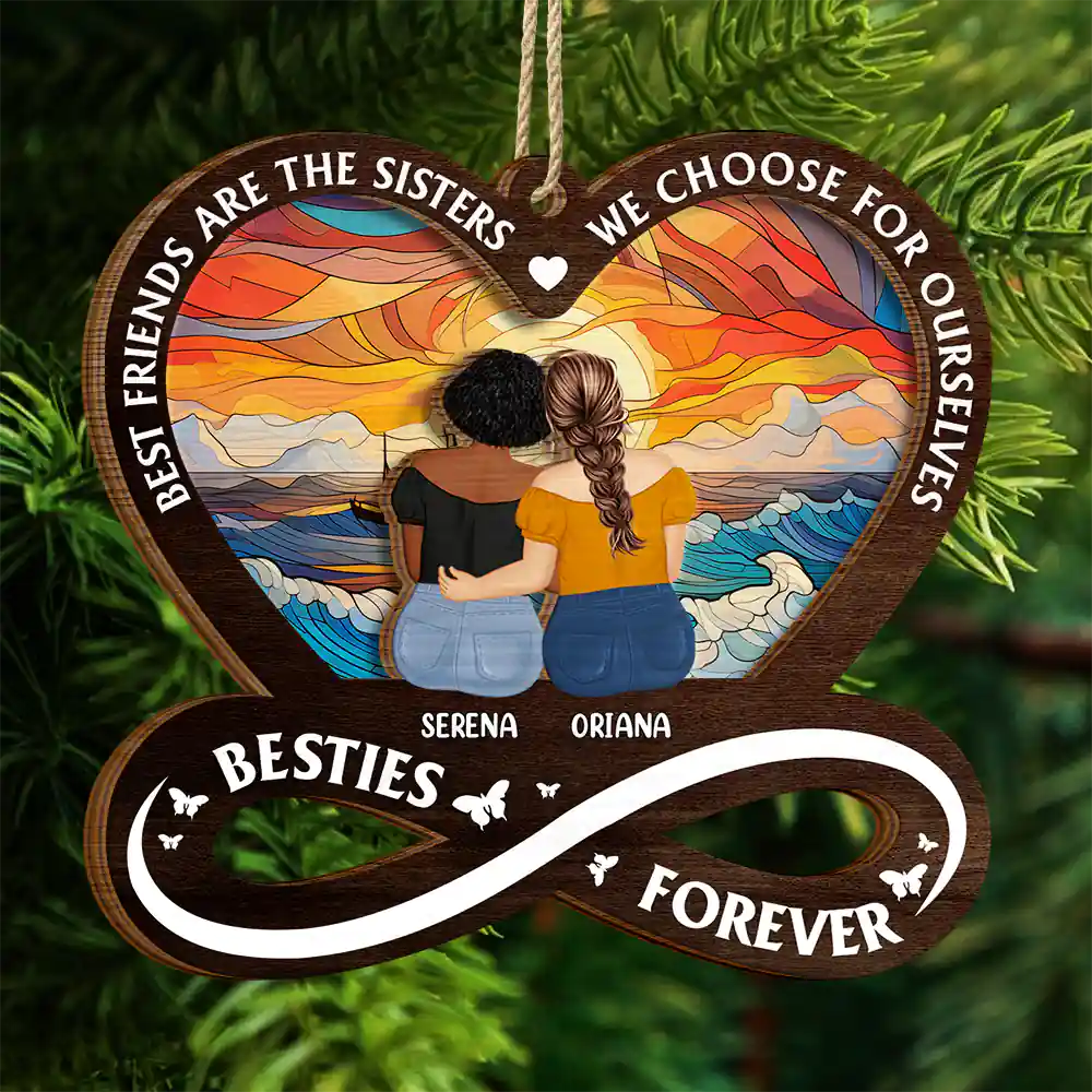 Not Sisters By Blood But Sisters By Heart - Personalized 2-Layered Wooden Ornament - Image 4