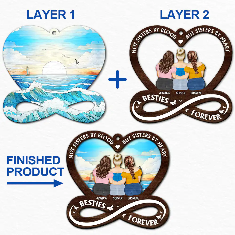 Not Sisters By Blood But Sisters By Heart - Personalized 2-Layered Wooden Ornament - Image 6