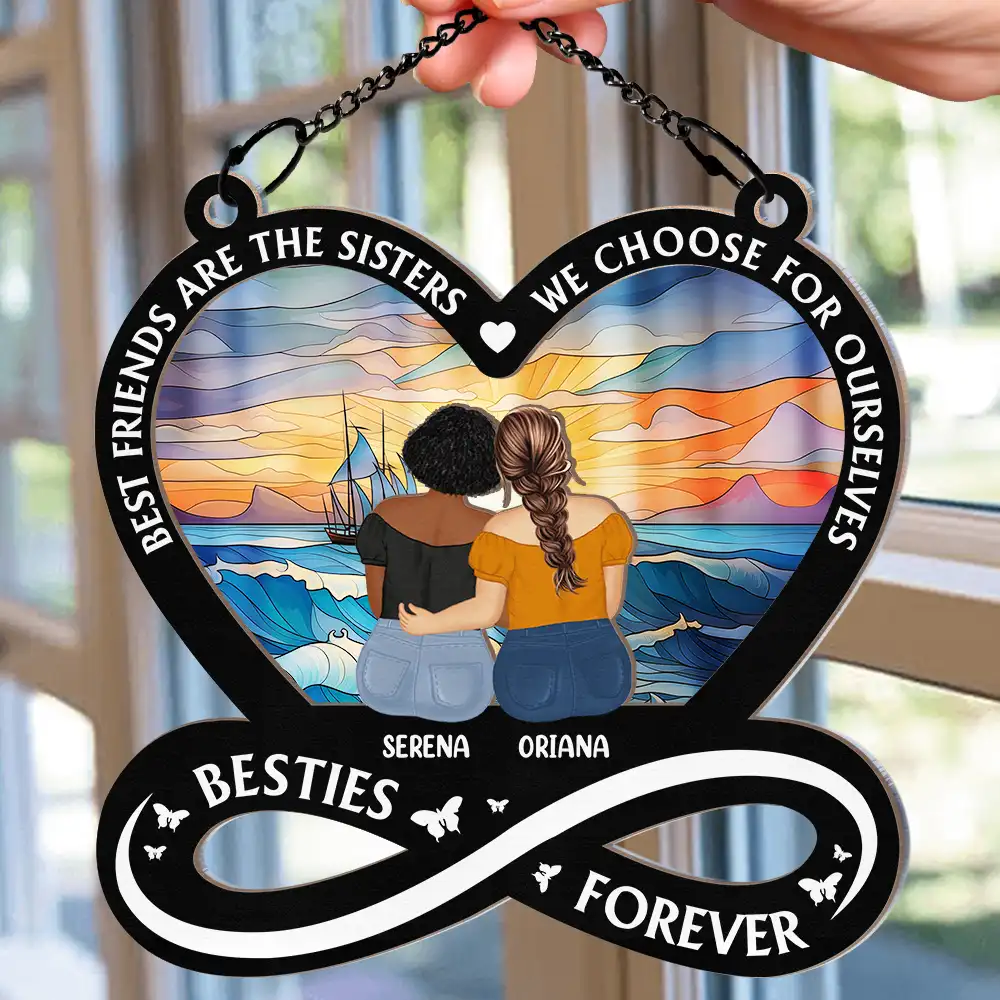 Not Sisters By Blood But Sisters By Heart - Personalized Window Hanging Suncatcher Ornament - Image 2