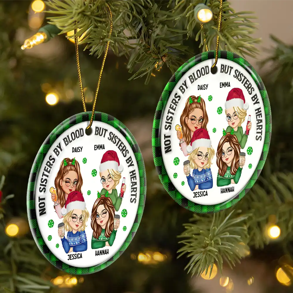 Not Sisters By Blood But Sisters By Hearts - 3D Inflated Effect Printed Ornament, Personalized Circle Ceramic Ornament - Image 2