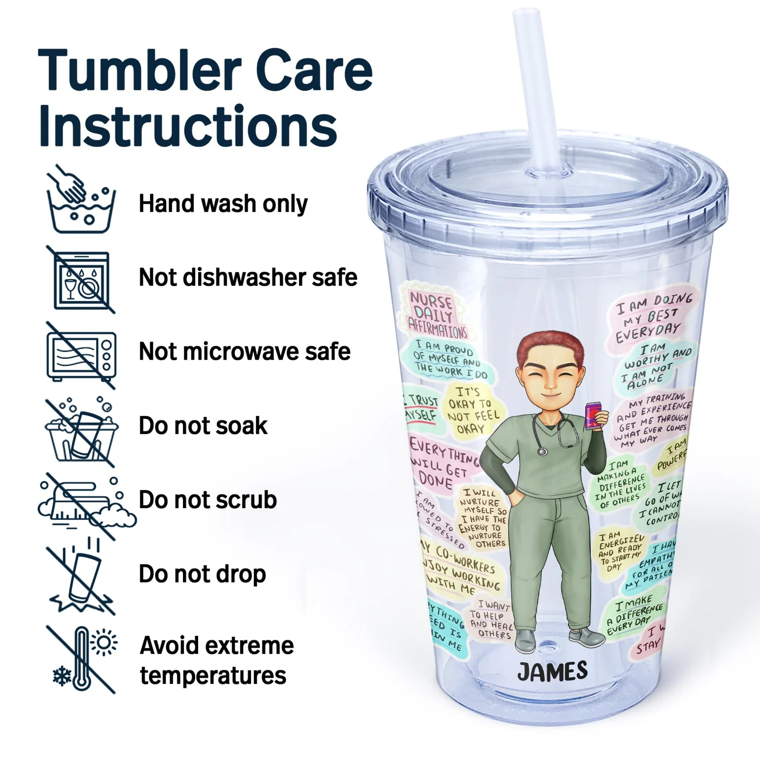 Nurse Daily Affirmation - Gift For Nurse - Personalized Acrylic Insulated Tumbler With Straw - Image 6