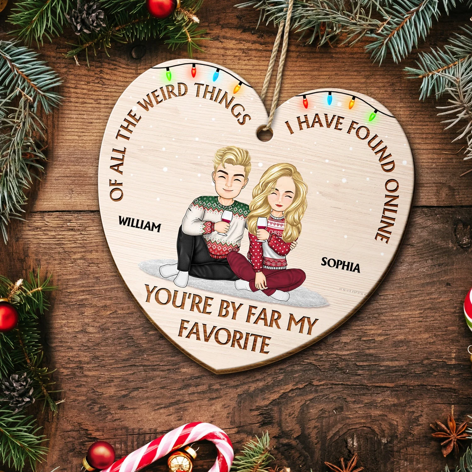 Of All The Weird Things Cartoon - Christmas Gift For Couples, Husband, Wife - Personalized Custom Shaped Wooden Ornament - Image 5