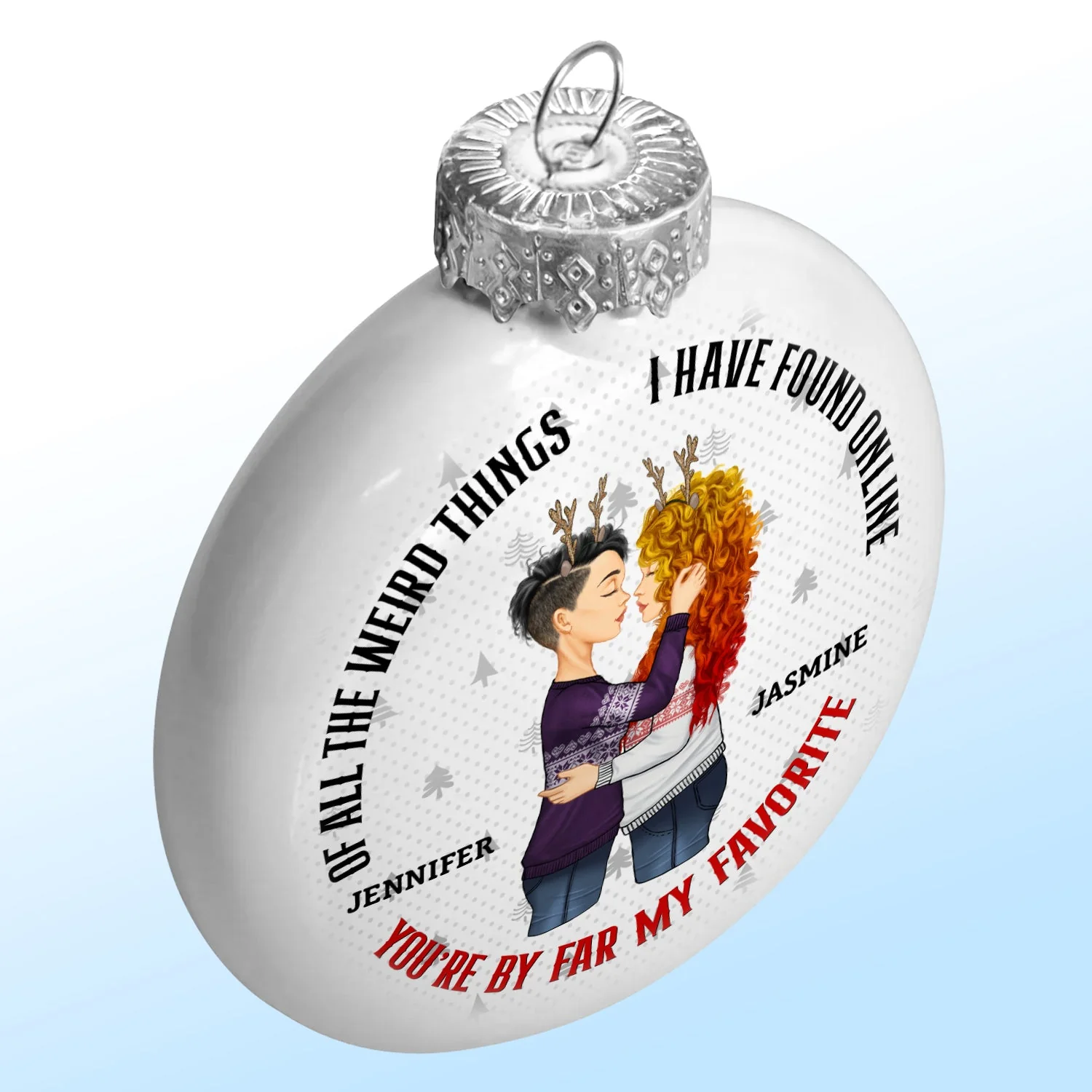 Of All The Weird Things You Are My Favorite By Far - Christmas Gift For Couples - Personalized White Flat Ball Ornament - Image 2
