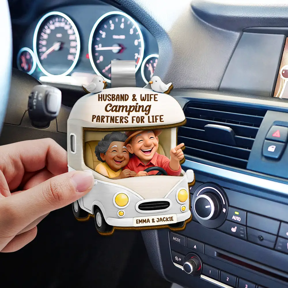 Old Couple Camping Partners For Life - Personalized Custom Shaped Car Visor Clip - Image 3