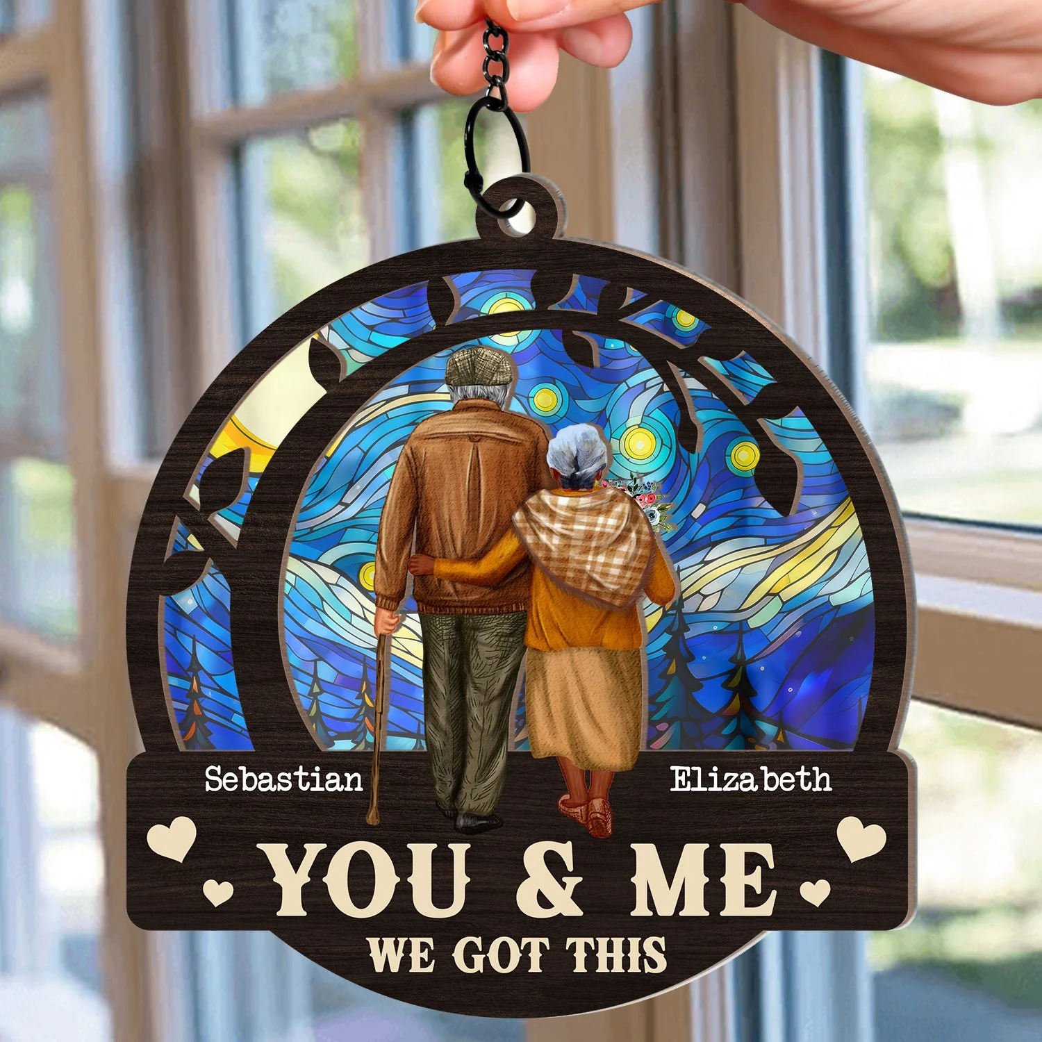 Old Couple From Our First Kiss - Personalized Window Hanging Suncatcher Ornament - Image 2