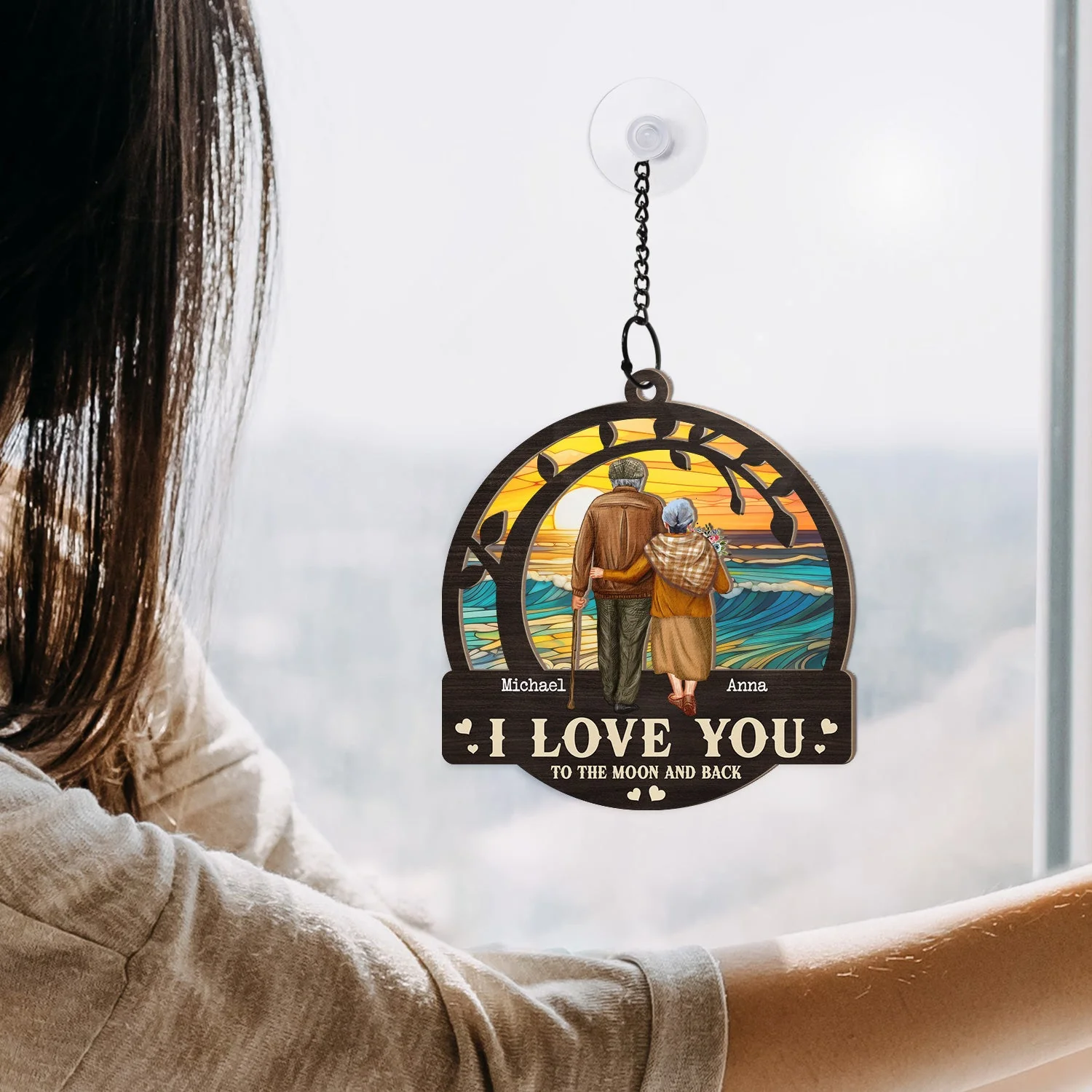 Old Couple From Our First Kiss - Personalized Window Hanging Suncatcher Ornament - Image 4