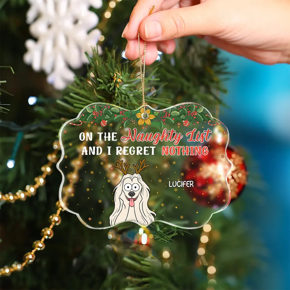 On The Naughty List And We Regret Nothing Funny Dog Cat - Personalized Medallion Acrylic Ornament - Image 4
