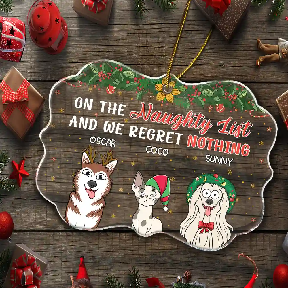 On The Naughty List And We Regret Nothing Funny Dog Cat - Personalized Medallion Acrylic Ornament - Image 5