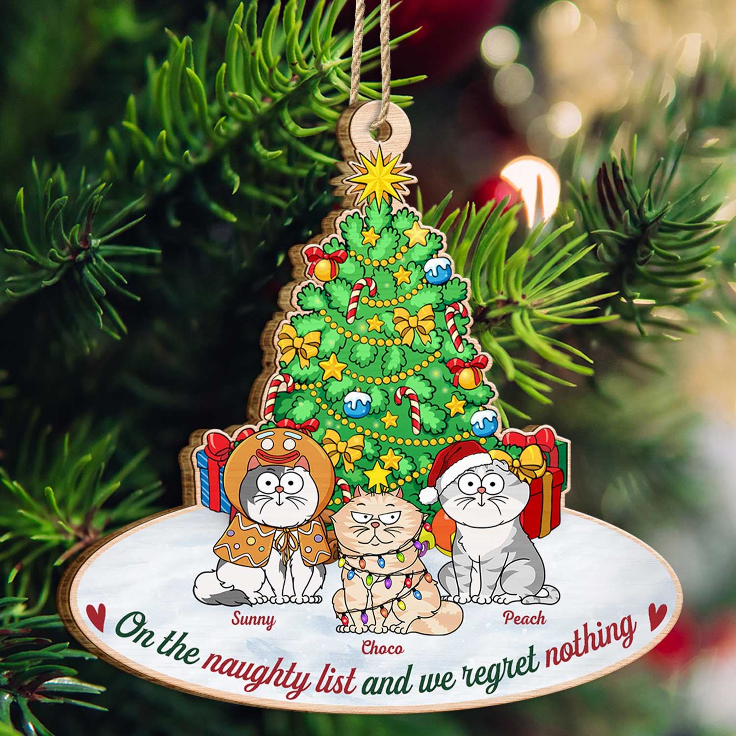 On The Naughty List & We Regret Nothing Funny Cartoon Cats - Christmas Gift For Cat Lovers - Personalized Custom Shaped Wooden Ornament - Image 2