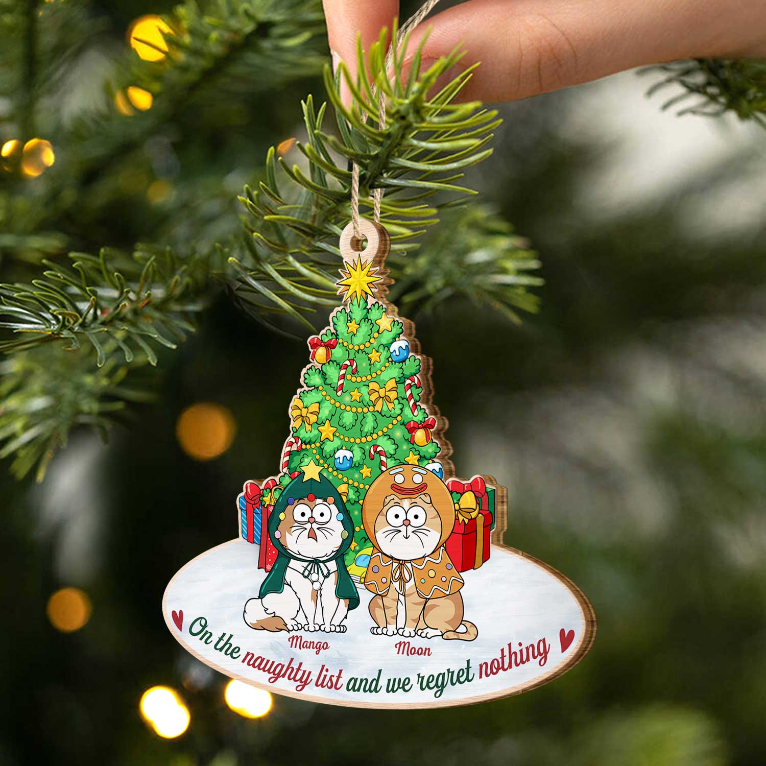 On The Naughty List & We Regret Nothing Funny Cartoon Cats - Christmas Gift For Cat Lovers - Personalized Custom Shaped Wooden Ornament - Image 3