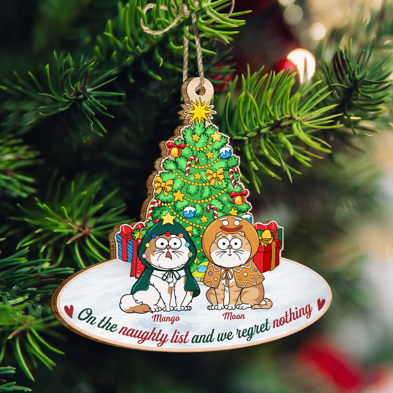On The Naughty List & We Regret Nothing Funny Cartoon Cats - Christmas Gift For Cat Lovers - Personalized Custom Shaped Wooden Ornament - Image 4