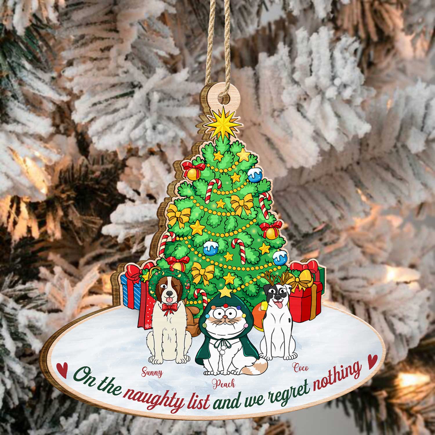 On The Naughty List & We Regret Nothing Funny Cartoon Dogs Cats - Christmas Gift For Pet Lovers - Personalized Custom Shaped Wooden Ornament - Image 4