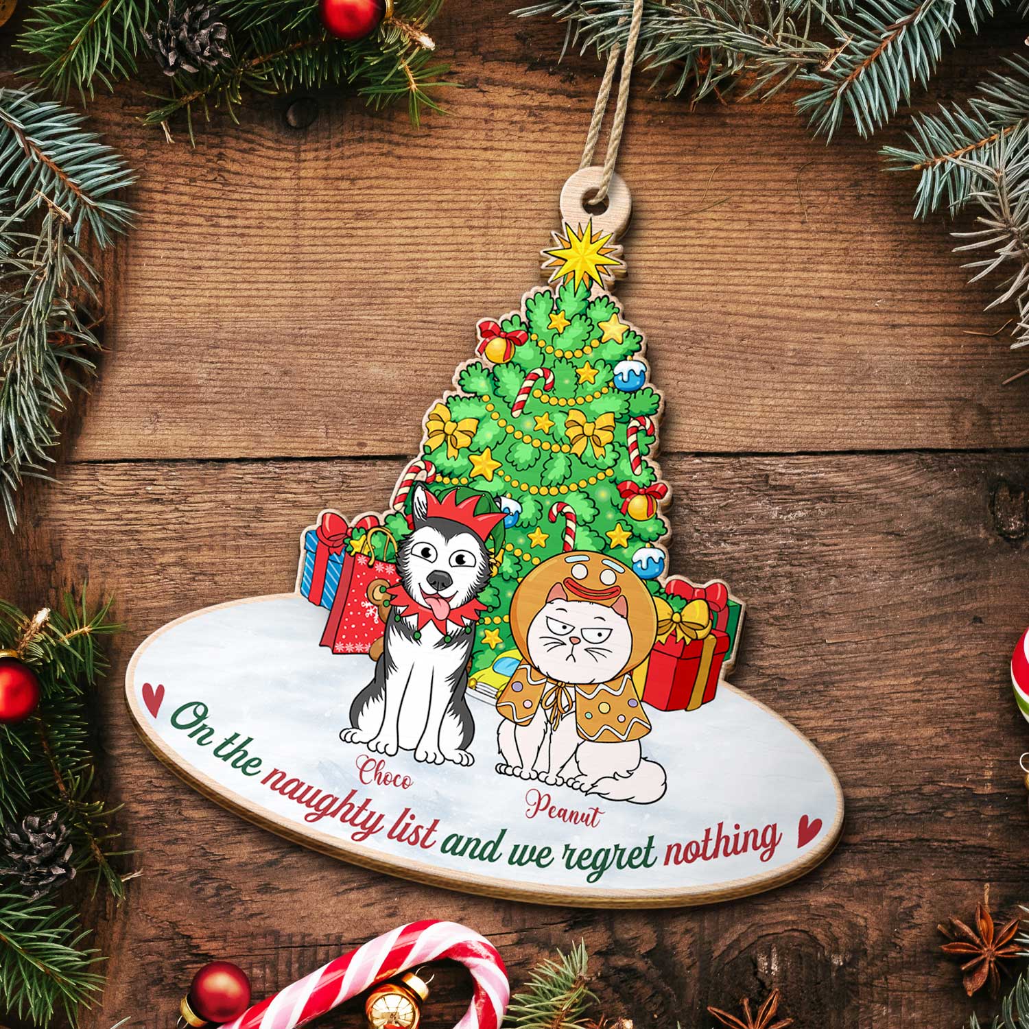 On The Naughty List & We Regret Nothing Funny Cartoon Dogs Cats - Christmas Gift For Pet Lovers - Personalized Custom Shaped Wooden Ornament - Image 5