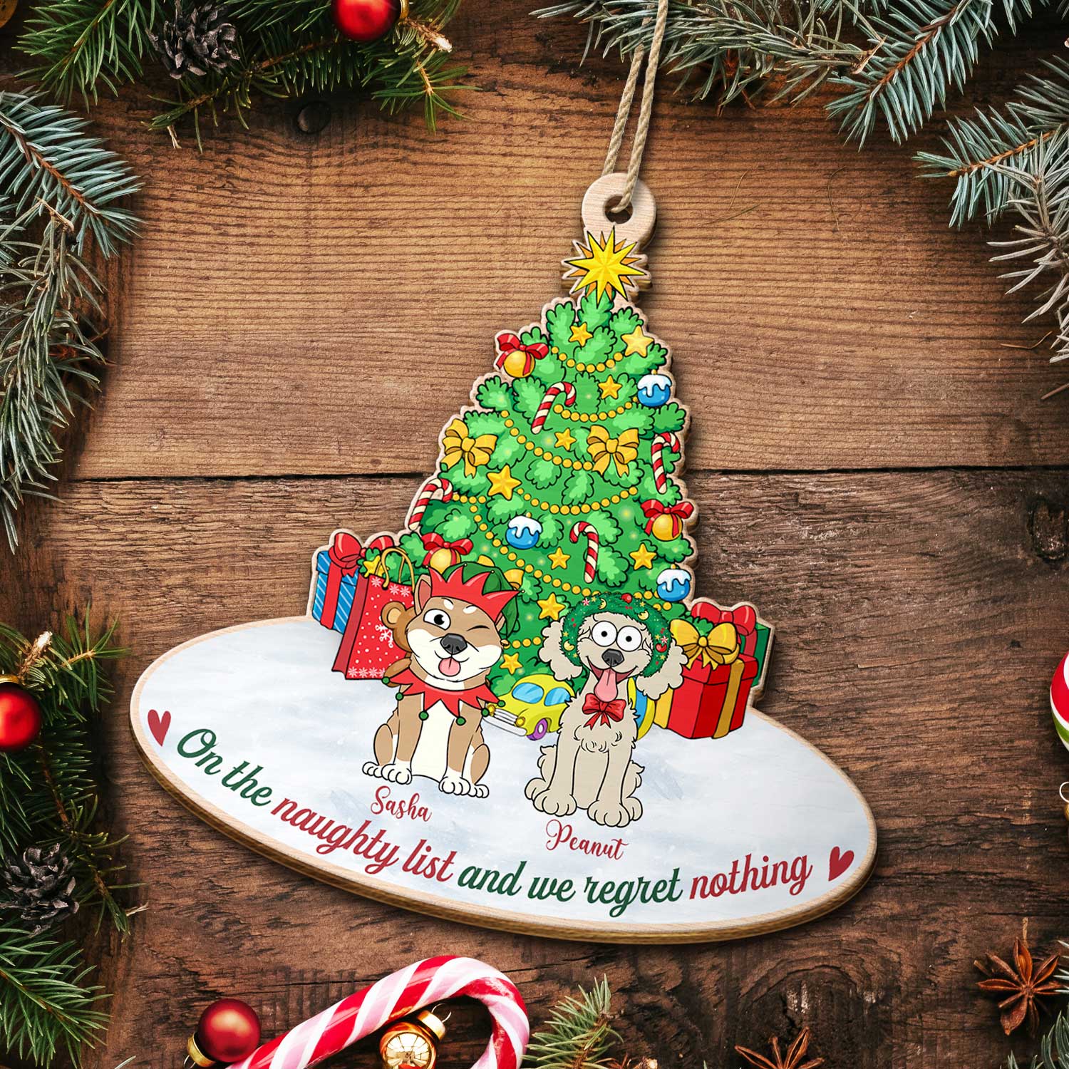 On The Naughty List & We Regret Nothing Funny Cartoon Dogs - Christmas Gift For Dog Lovers - Personalized Custom Shaped Wooden Ornament - Image 5