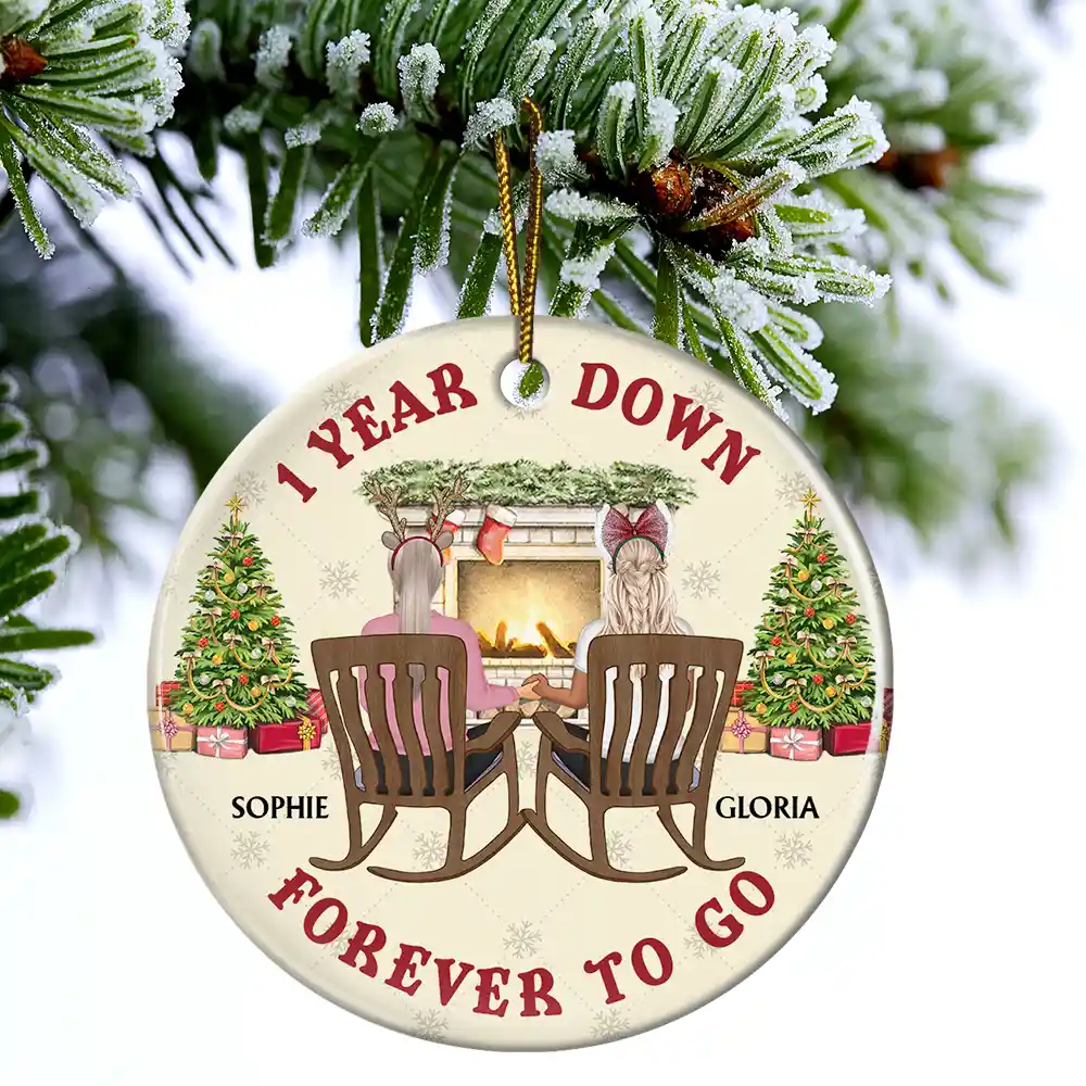One Year Down Forever To Go Couple Anniversary - Personalized Circle Ceramic Ornament - Image 4