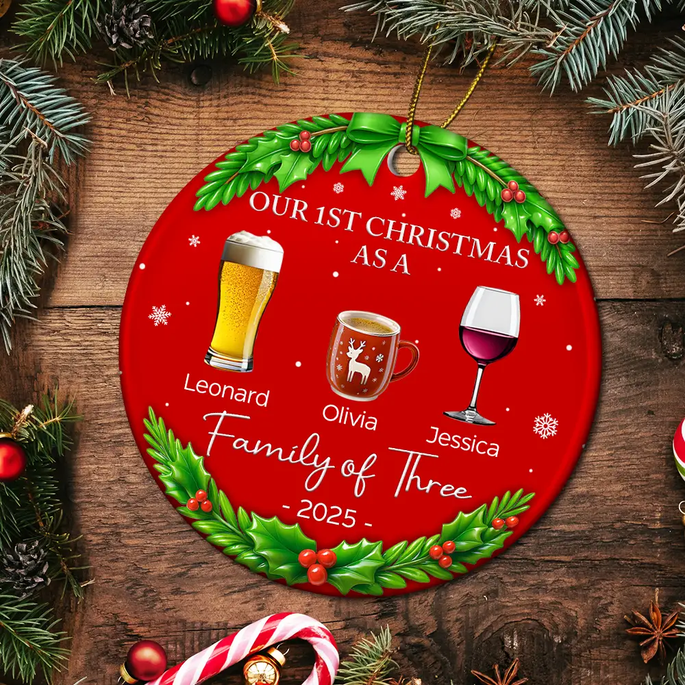 Our 1st Christmas As A Family Drinks - Personalized Circle Ceramic Ornament - Image 5