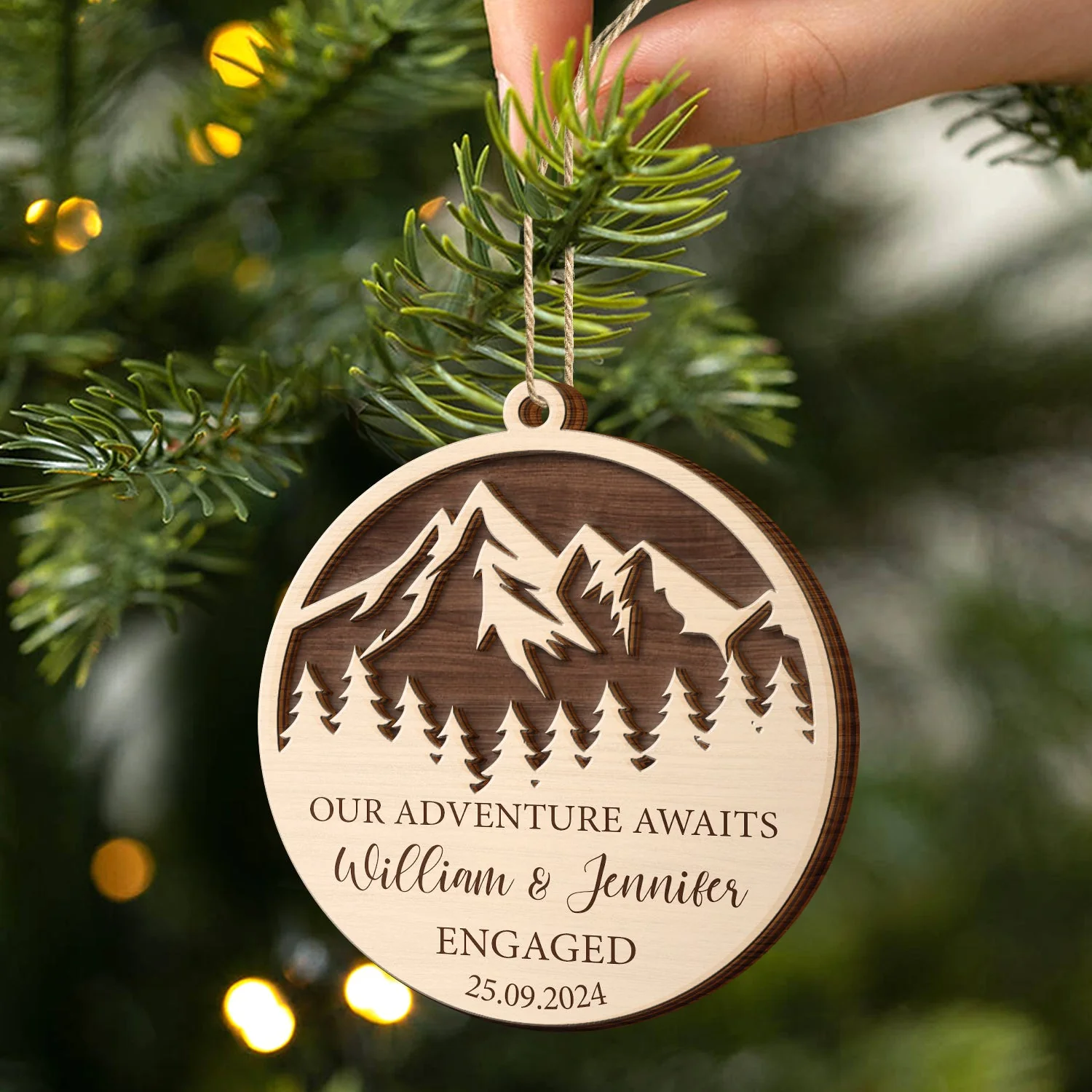 Our Adventure Awaits Engaged - Personalized 2-Layered Wooden Ornament - Image 2