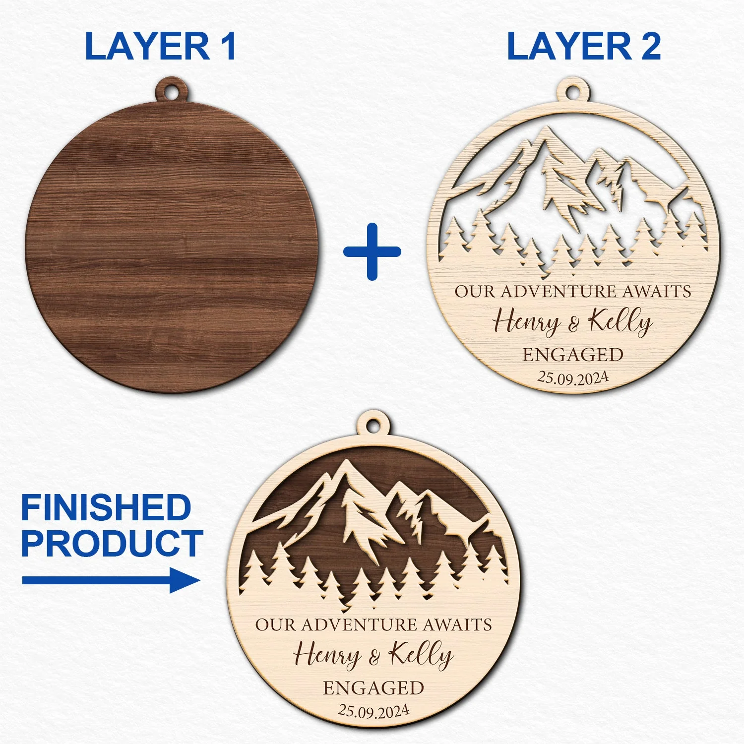 Our Adventure Awaits Engaged - Personalized 2-Layered Wooden Ornament - Image 6