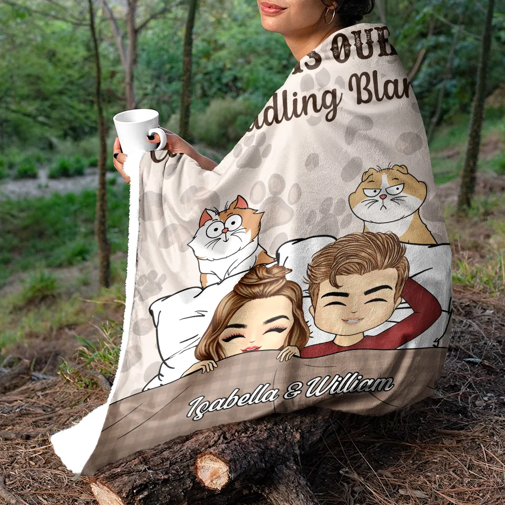 Our Cat Cuddling Blanket Chibi Couple - Personalized Fleece Blanket, Sherpa Blanket - Image 5