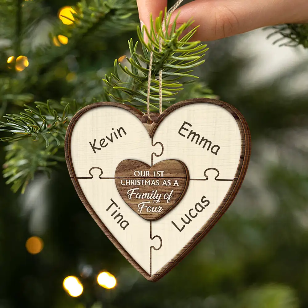Our First Christmas As A Family Of Three Puzzle - Personalized 2-Layered Wooden Ornament - Image 2