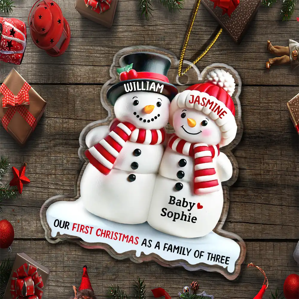 Our First Christmas As A Family Of Three Snow Family 3D Effect - Personalized Custom Shaped Acrylic Ornament - Image 5
