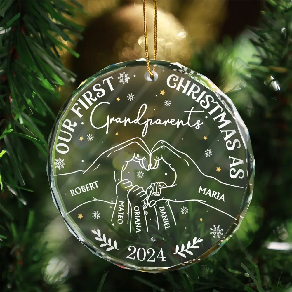 Our First Christmas As Grandparents - Personalized Circle Glass Ornament - Image 3