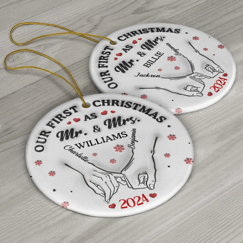 Our First Christmas As Husband And Wife - 3D Inflated Effect Printed Ornament, Personalized Circle Ceramic Ornament - Image 6