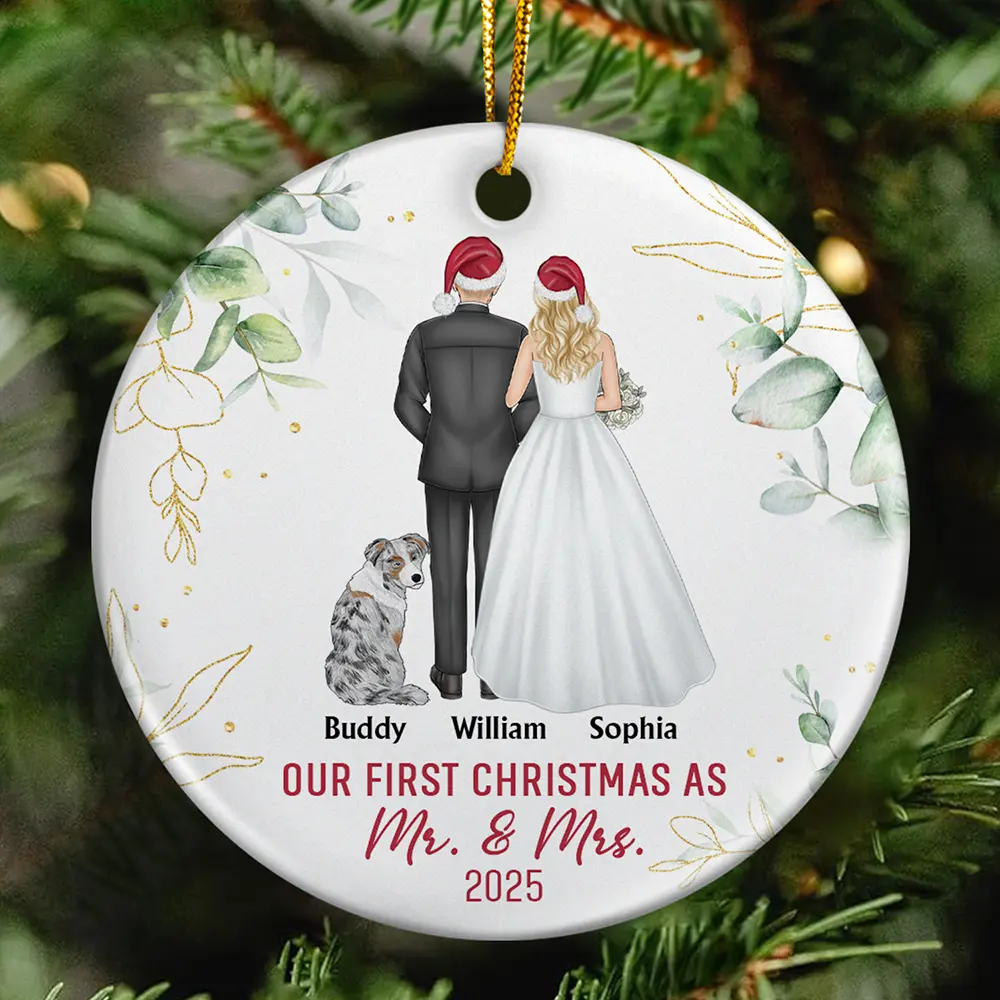 Our First Christmas As Mr & Mrs Wedding Couple Pet - Personalized Circle Ceramic Ornament