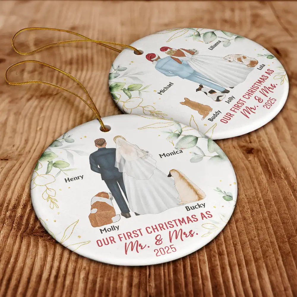 Our First Christmas As Mr & Mrs Wedding Couple Pet - Personalized Circle Ceramic Ornament - Image 6