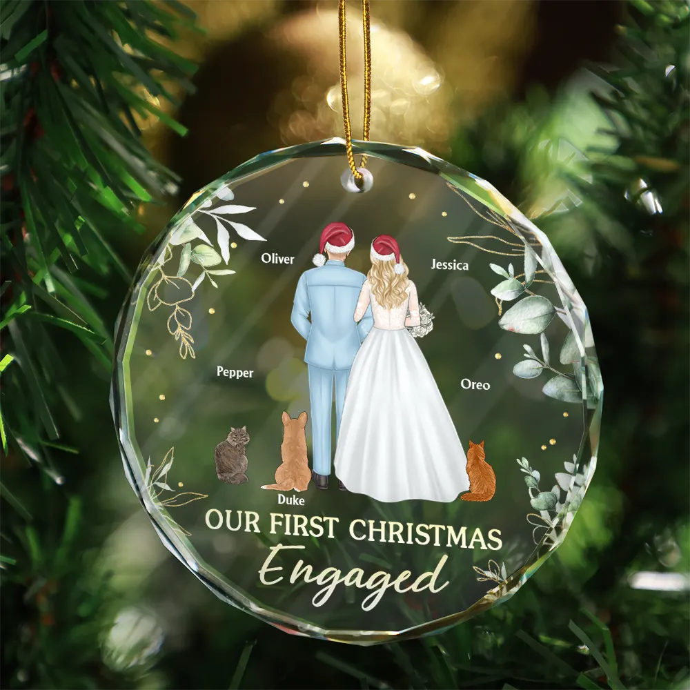 Our First Christmas As Mr & Mrs Wedding Couple Pet - Personalized Circle Glass Ornament - Image 3