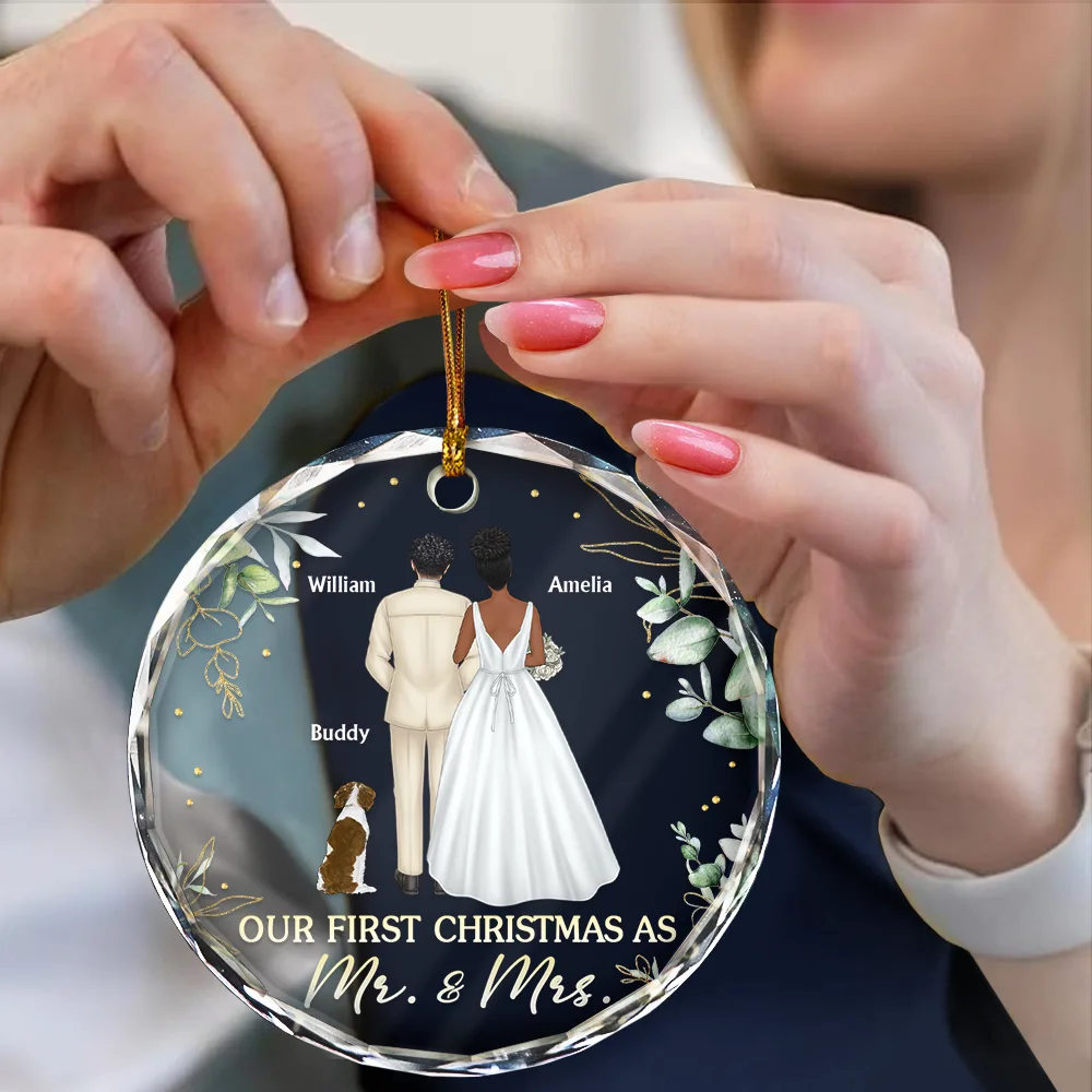 Our First Christmas As Mr & Mrs Wedding Couple Pet - Personalized Circle Glass Ornament - Image 4