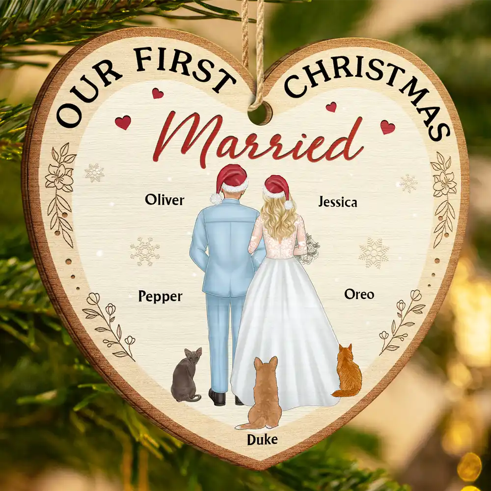 Our First Christmas As Mr & Mrs Wedding Couple Pet - Personalized Custom Shaped Wooden Ornament - Image 3