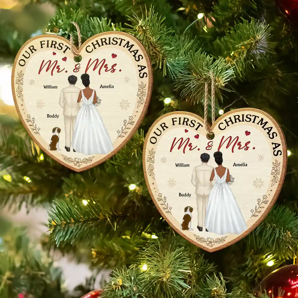 Our First Christmas As Mr & Mrs Wedding Couple Pet - Personalized Custom Shaped Wooden Ornament - Image 6