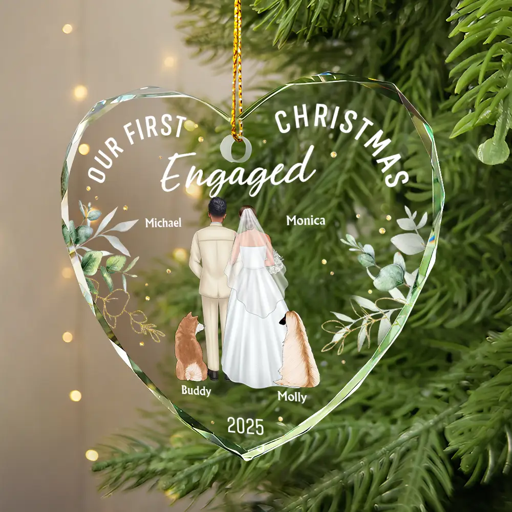Our First Christmas As Mr & Mrs Wedding Couple Pet - Personalized Heart Shaped Glass Ornament - Image 2
