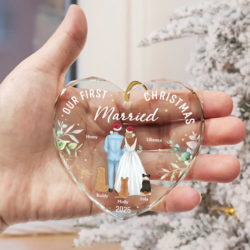 Our First Christmas As Mr & Mrs Wedding Couple Pet - Personalized Heart Shaped Glass Ornament - Image 3