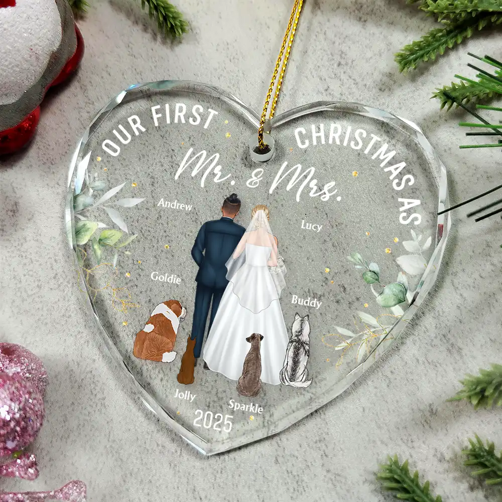Our First Christmas As Mr & Mrs Wedding Couple Pet - Personalized Heart Shaped Glass Ornament - Image 4