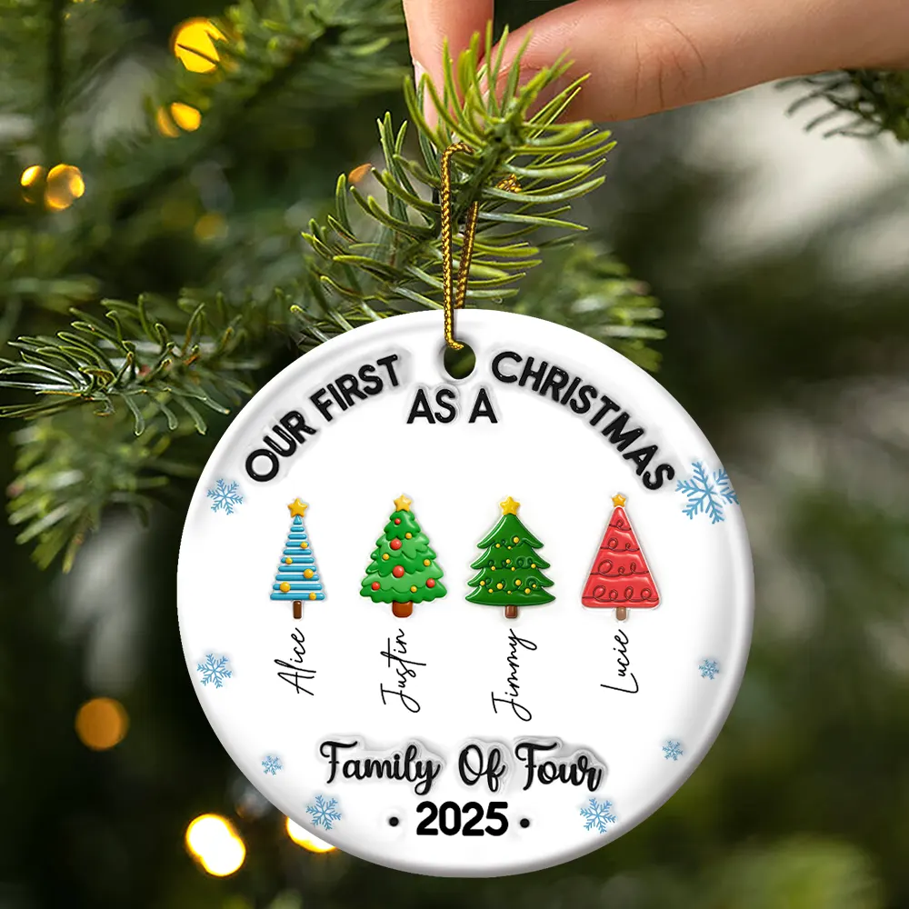 Our First Christmas Family Trees Names 3D Inflated Effect - Personalized Circle Ceramic Ornament - Image 3