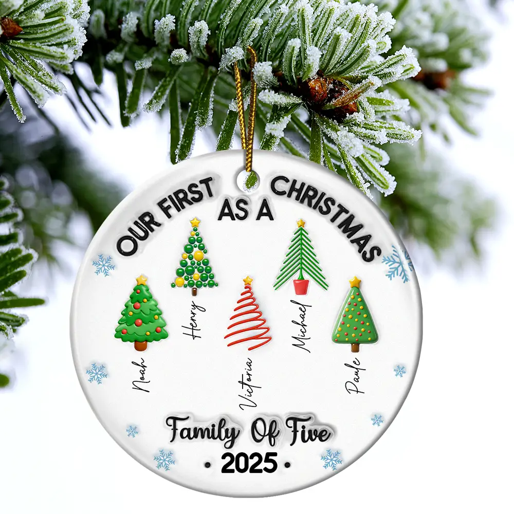 Our First Christmas Family Trees Names 3D Inflated Effect - Personalized Circle Ceramic Ornament - Image 4