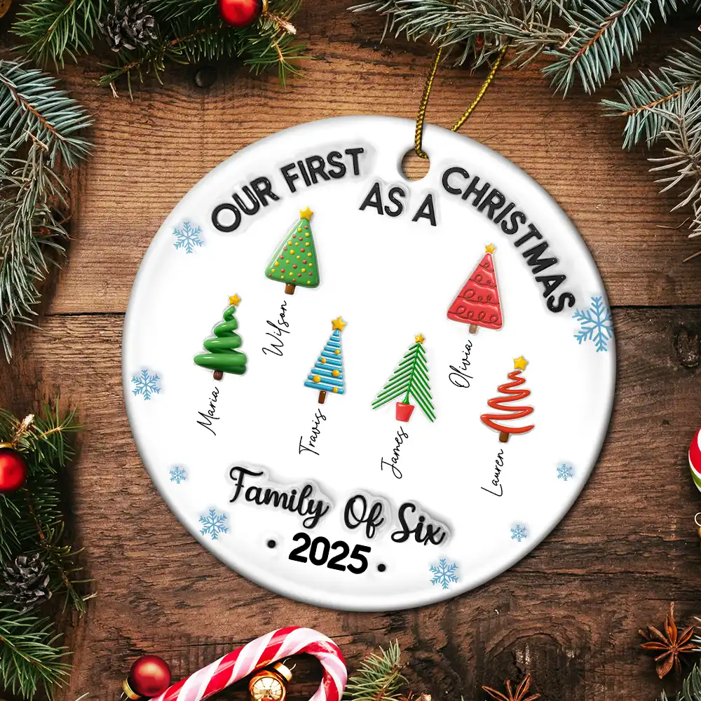 Our First Christmas Family Trees Names 3D Inflated Effect - Personalized Circle Ceramic Ornament - Image 5