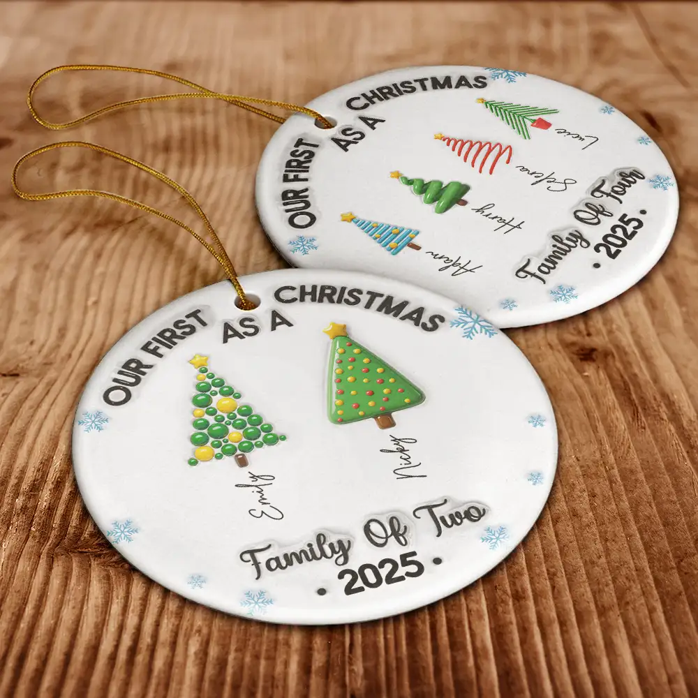 Our First Christmas Family Trees Names 3D Inflated Effect - Personalized Circle Ceramic Ornament - Image 6