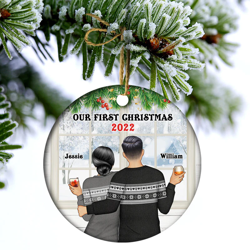 Our First Christmas - Gift For Couples - Personalized Custom Circle Ceramic Ornament - Image 3