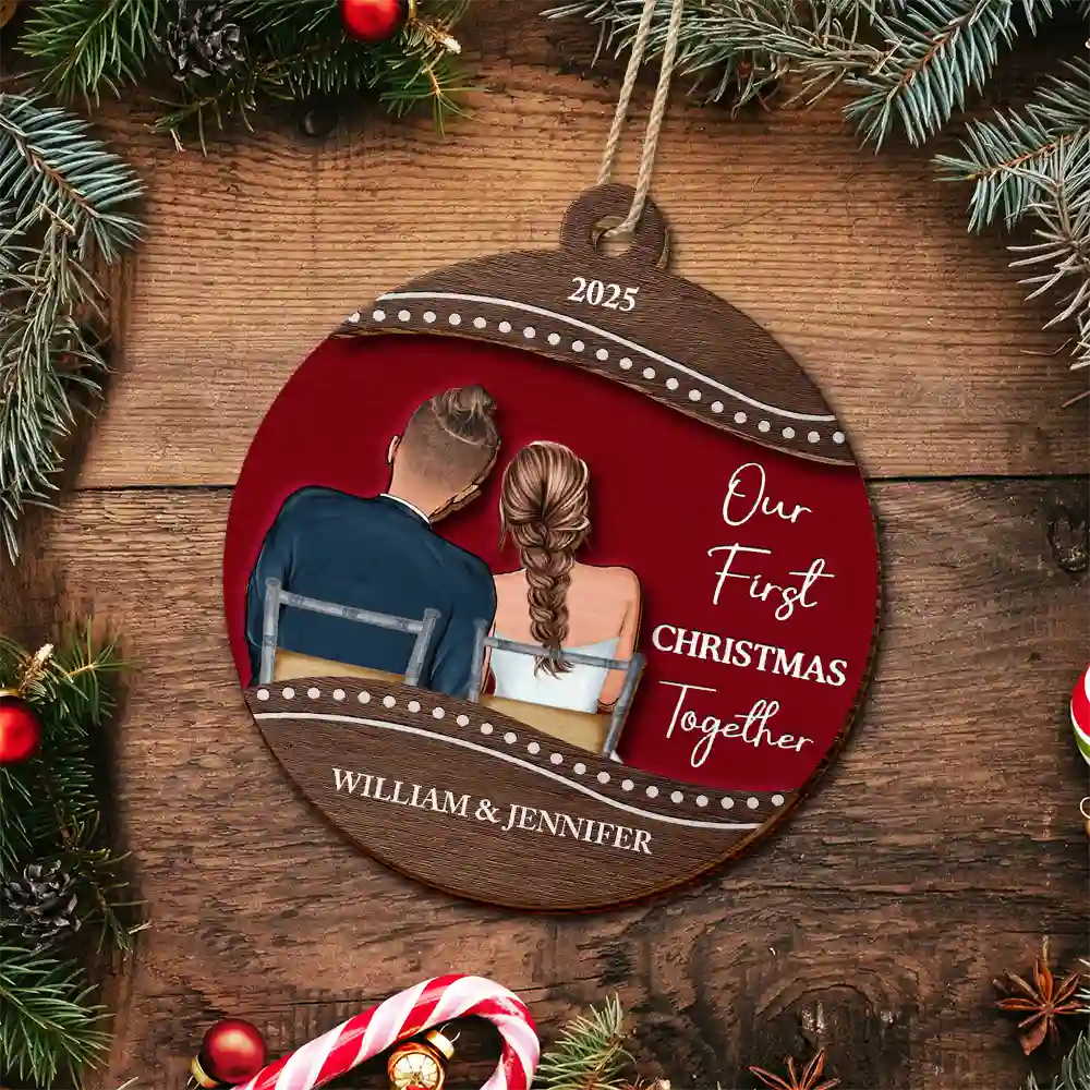 Our First Christmas Married Couple - Personalized 2-Layered Wooden Ornament - Image 4